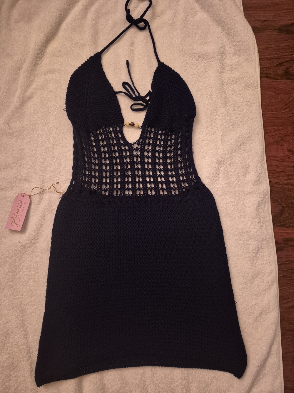Nwt Blanco By Nature Cotton Crochet Halter Swim Cover-Up Dress in Navy